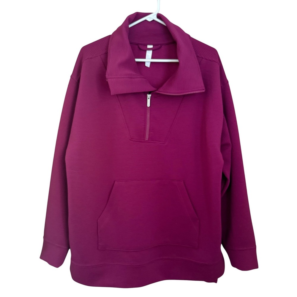Zella Quarter Zip Knit Athletic Jacket Top L Purple Ribbed Athleisure Mock Neck